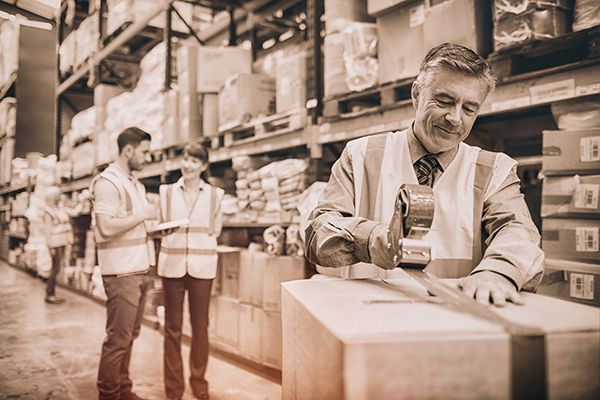 Man packing shipping boxes full of paper and toner while two other men discuss order